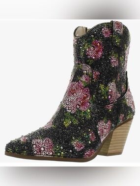 Betsey Johnson Diva Black Crystal Floral Ankle Cowboy Boots 7.5